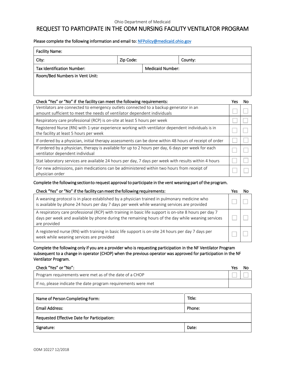 Form ODM10227 Request to Participate in the Odm Nursing Facility Ventilator Program - Ohio, Page 1