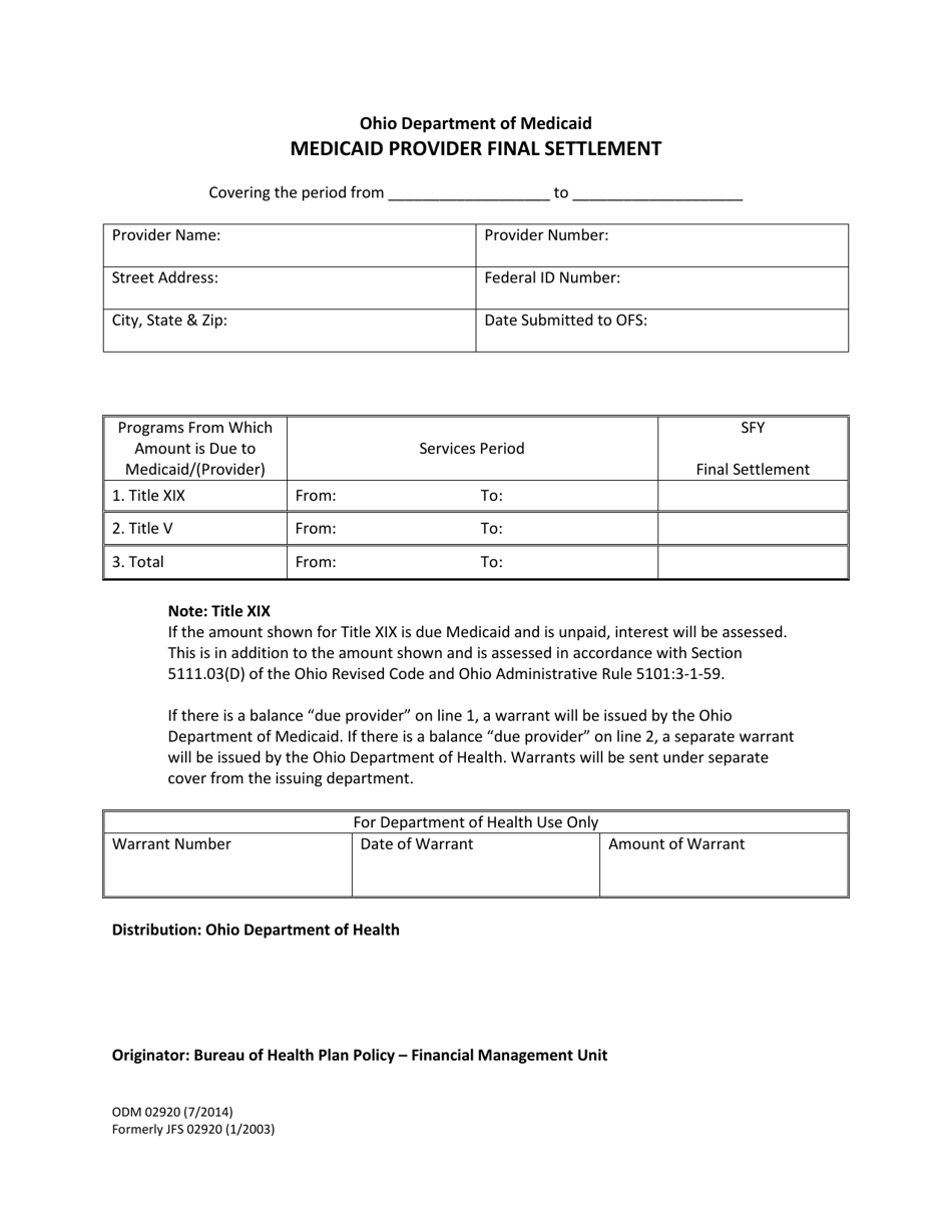 Form ODM02920 Medicaid Provider Final Settlement - Ohio, Page 1
