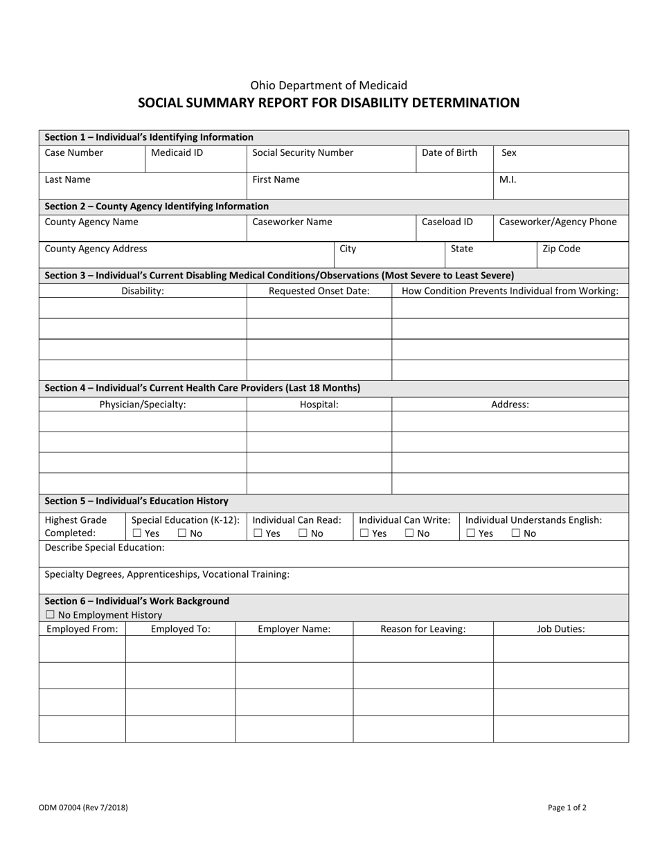 Form ODM07004 Social Summary Report for Disability Determination - Ohio, Page 1