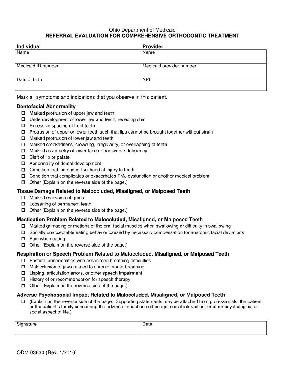 Form ODM03630 Referral Evaluation for Comprehensive Orthodontic Treatment - Ohio, Page 1