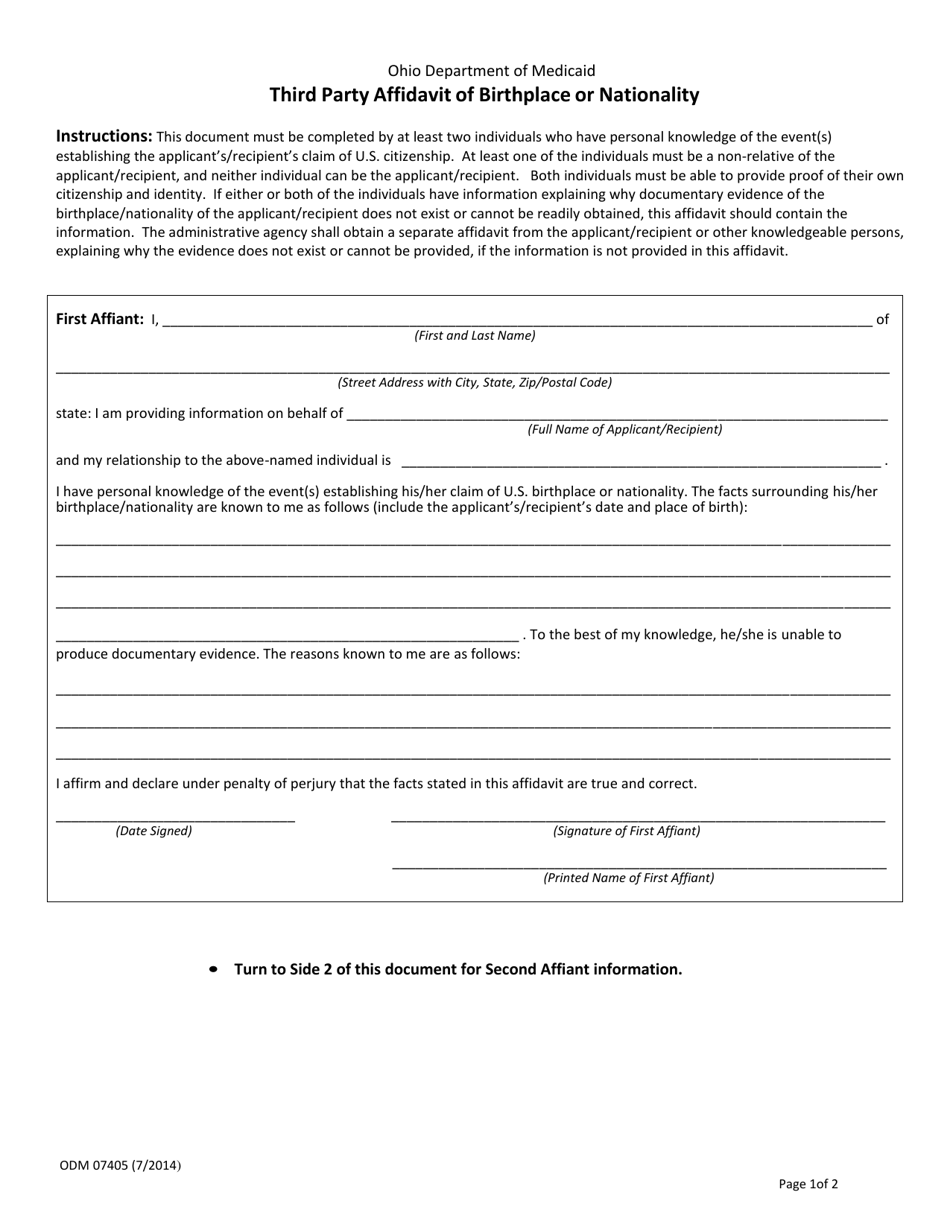 Form ODM07405 Third Party Affidavit of Birthplace or Nationality - Ohio, Page 1