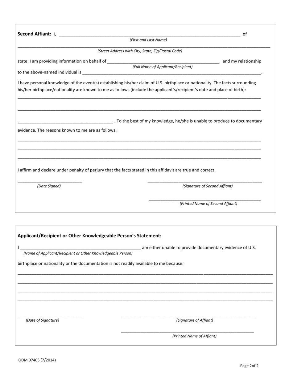 Form ODM07405 Third Party Affidavit of Birthplace or Nationality - Ohio, Page 2