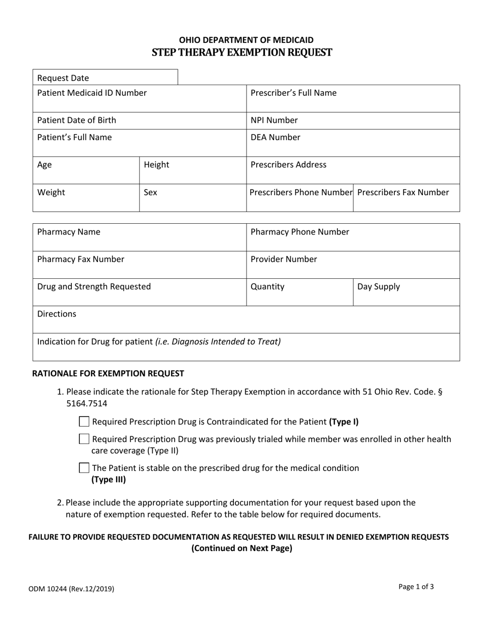 Form ODM10244 Step Therapy Exemption Request - Ohio, Page 1