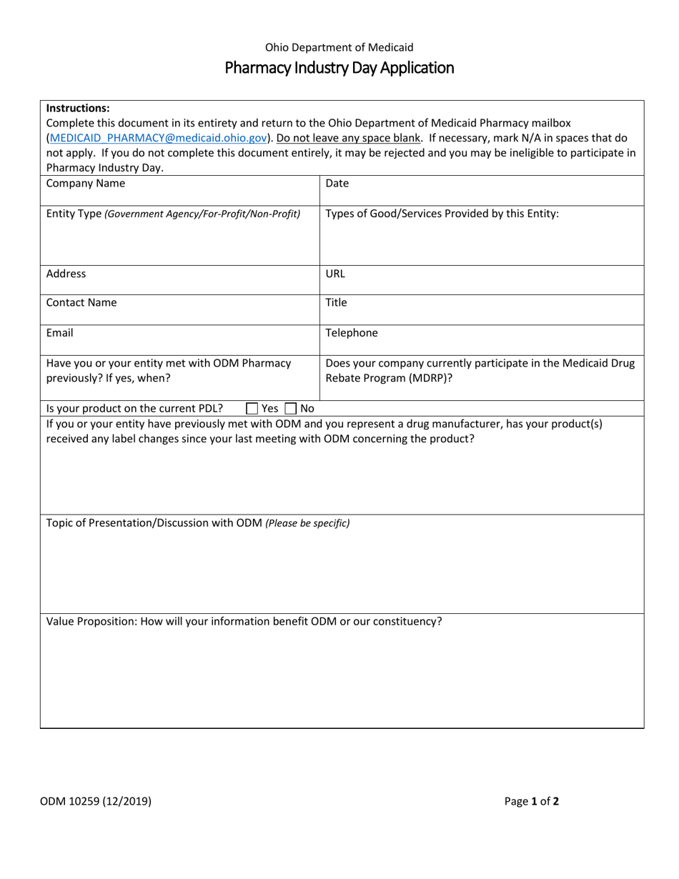 Form ODM10259 Pharmacy Industry Day Application - Ohio, Page 1