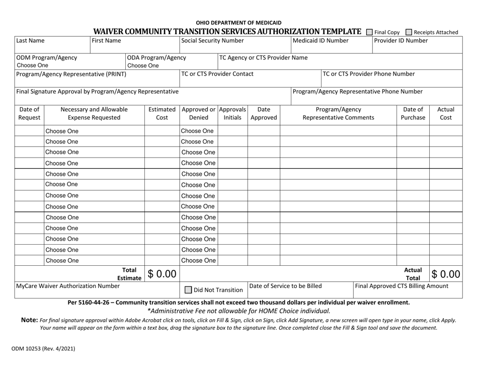Form ODM10253 Waiver Community Transition Services Authorization Template - Ohio, Page 1
