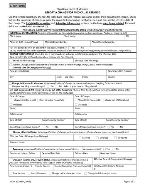 Form ODM10203 Report a Change for Medical Assistance - Ohio