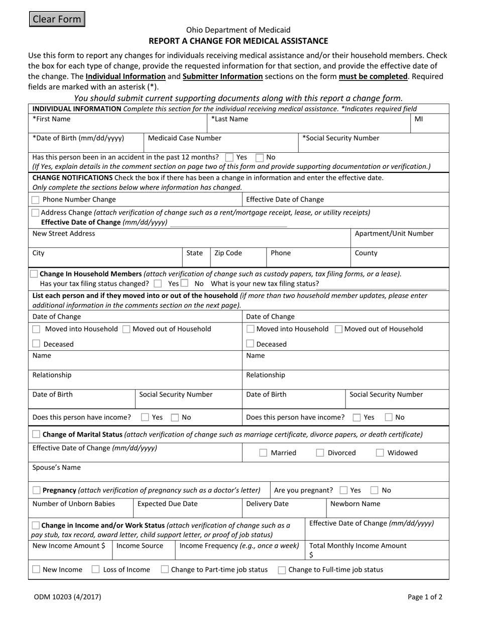 Form ODM10203 Report a Change for Medical Assistance - Ohio, Page 1