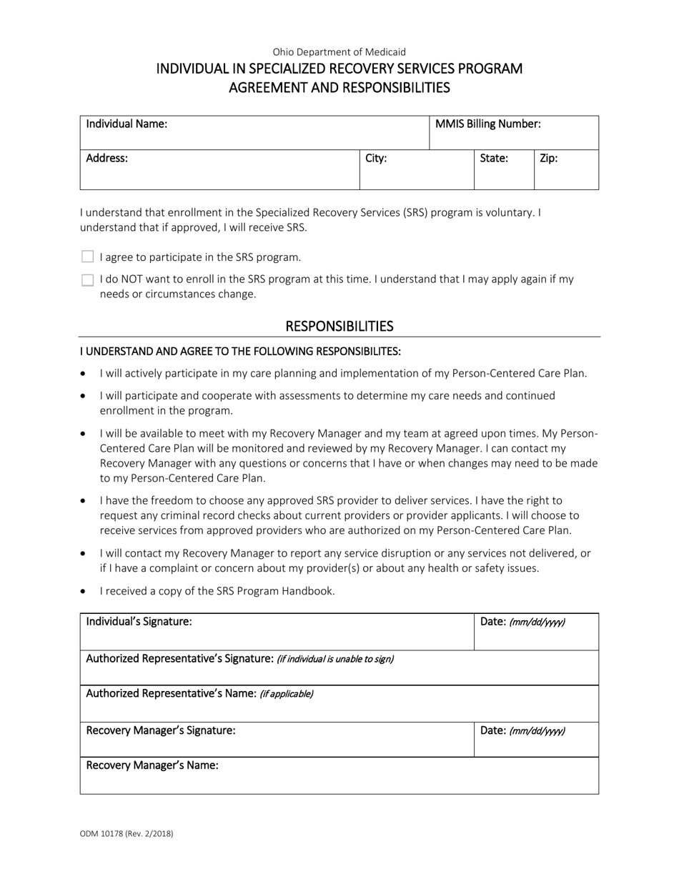 Form ODM10178 Individual in Specialized Recovery Services Program Agreement and Responsibilities - Ohio, Page 1