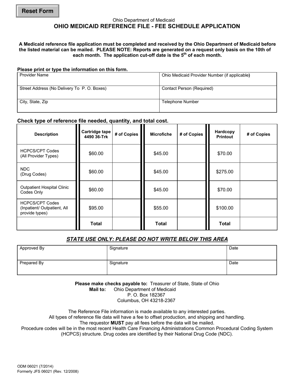 Form ODM06021 Ohio Medicaid Reference File - Fee Schedule Application - Ohio, Page 1