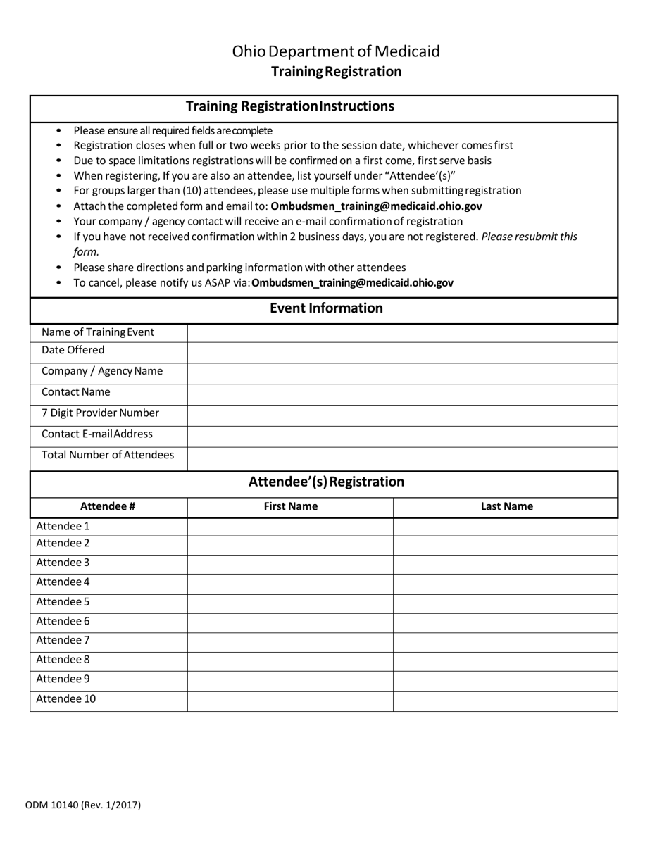 Form ODM10140 Training Registration - Ohio, Page 1