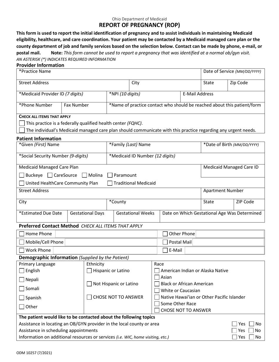 Form ODM10257 Report of Pregnancy (Rop) - Ohio, Page 1