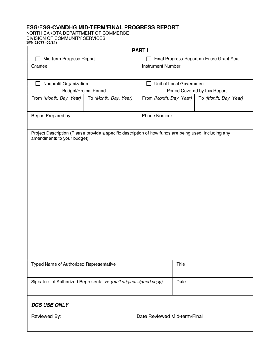 Form SFN52677 Esg-Cv / Ndhg Mid-term / Final Progress Report - North Dakota, Page 1