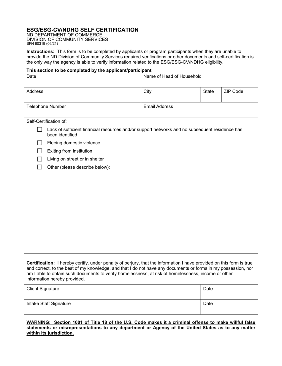 Form SFN60319 Esg / Esg-Cv / Ndhg Self Certification - North Dakota, Page 1