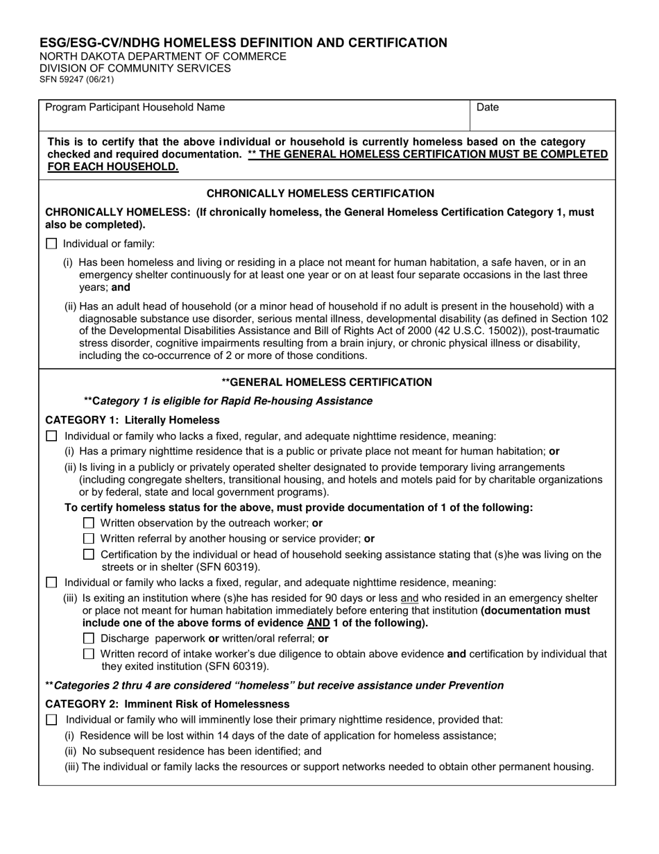 Form SFN59247 Esg / Esg-Cv / Ndhg Homeless Definition and Certification - North Dakota, Page 1