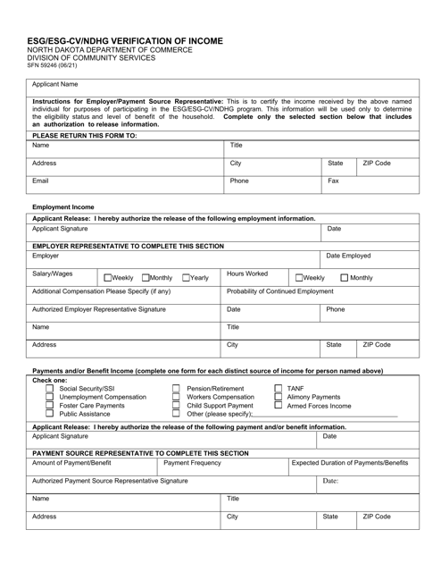 Form SFN59246 Esg/Esg-Cv/Ndhg Verification of Income - North Dakota