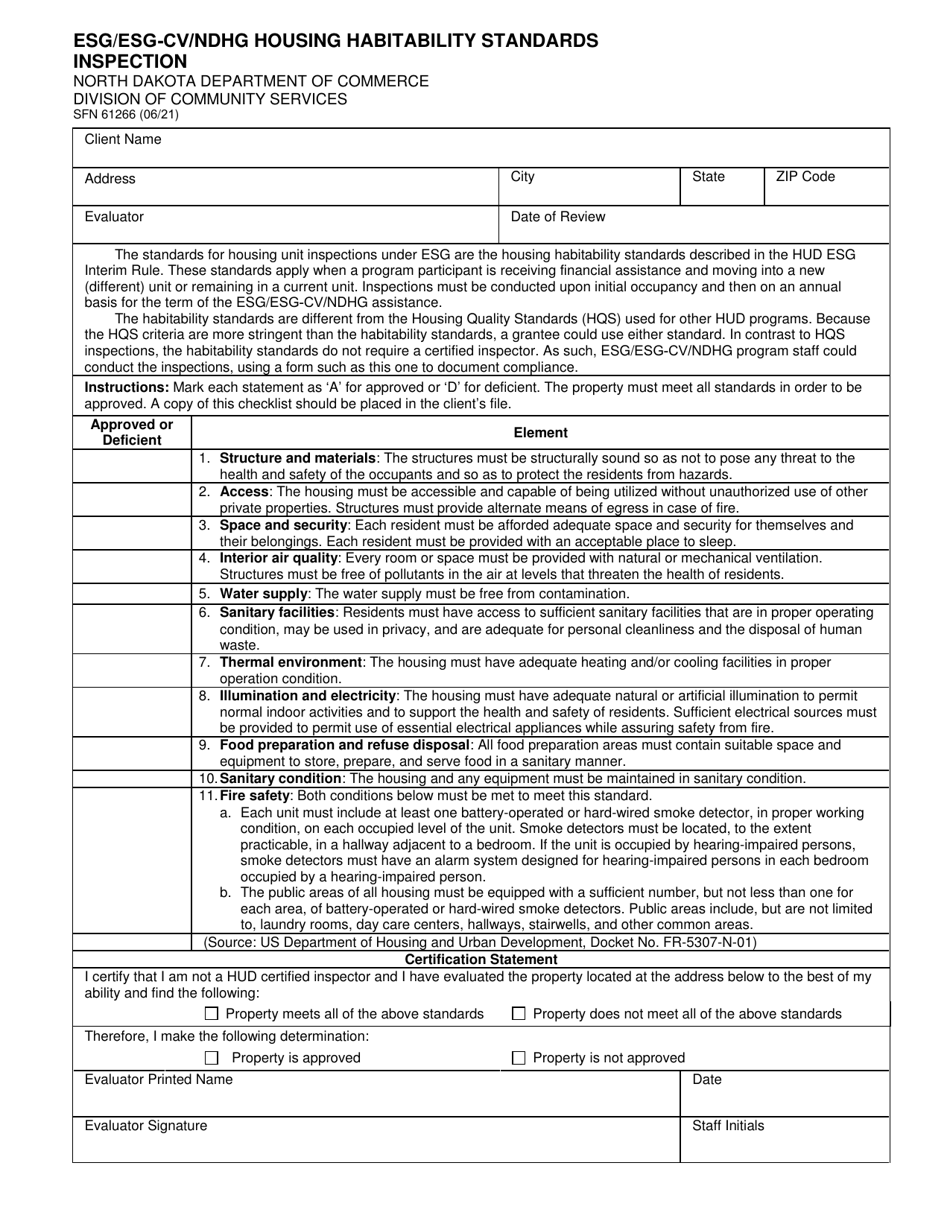 Form SFN61266 Esg / Esg-Cv / Ndhg Housing Habitability Standards Inspection - North Dakota, Page 1