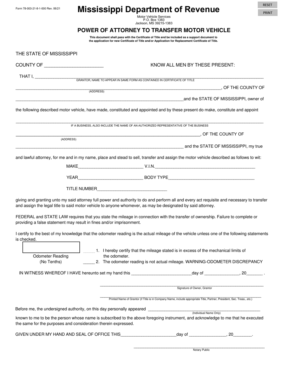 Form 78003 Power of Attorney to Transfer Motor Vehicle - Mississippi, Page 1