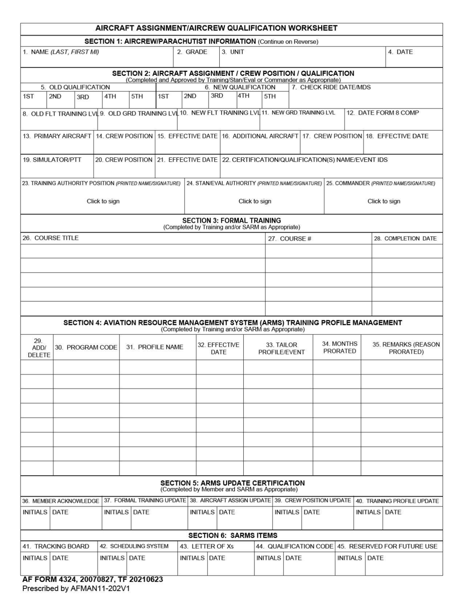 AF Form 4324 Aircraft Assignment / Aircrew Qualification Worksheet, Page 1