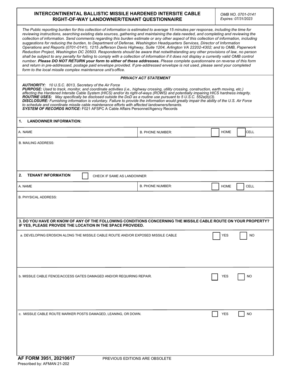 AF Form 3951 Intercontinental Ballistic Missile Hardened Intersite Cable Right-Of-Way Landowner / Tenant Questionnaire, Page 1