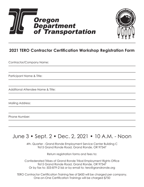 TERO Contractor Certification Workshop Registration Form - Oregon Download Pdf