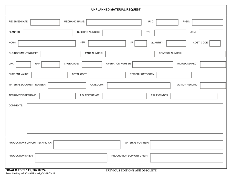 OC-ALC Form 111 Download Fillable PDF or Fill Online Unplanned Material ...