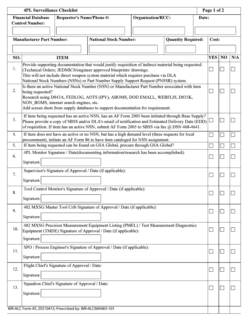 WR-ALC Form 45 4pl Surveillance Checklist, Page 1