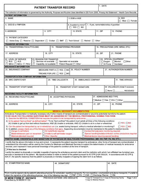 59 MDW Form 27 Patient Transfer Record