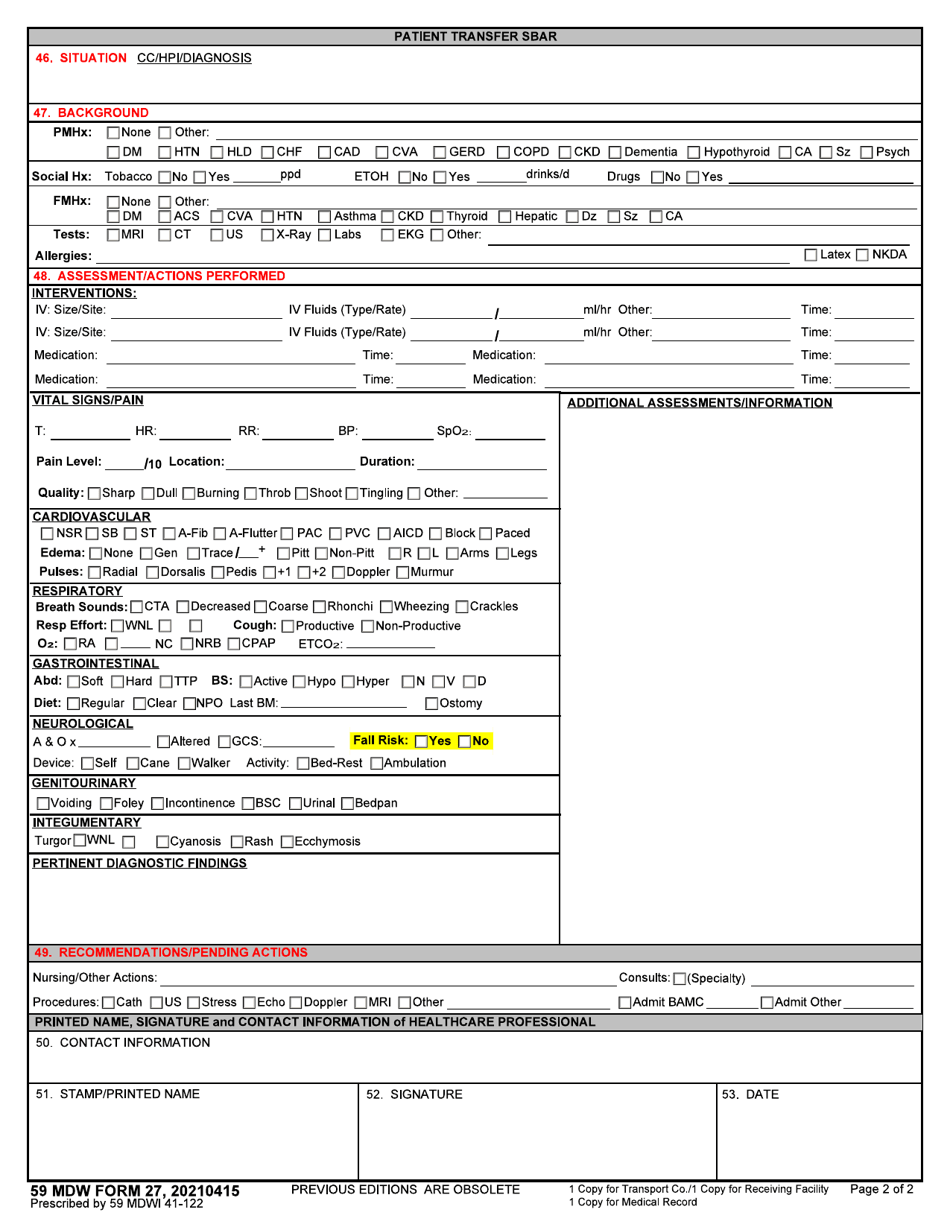 59 Mdw Form 27 Download Fillable Pdf Or Fill Online Patient Transfer Record Templateroller 0249