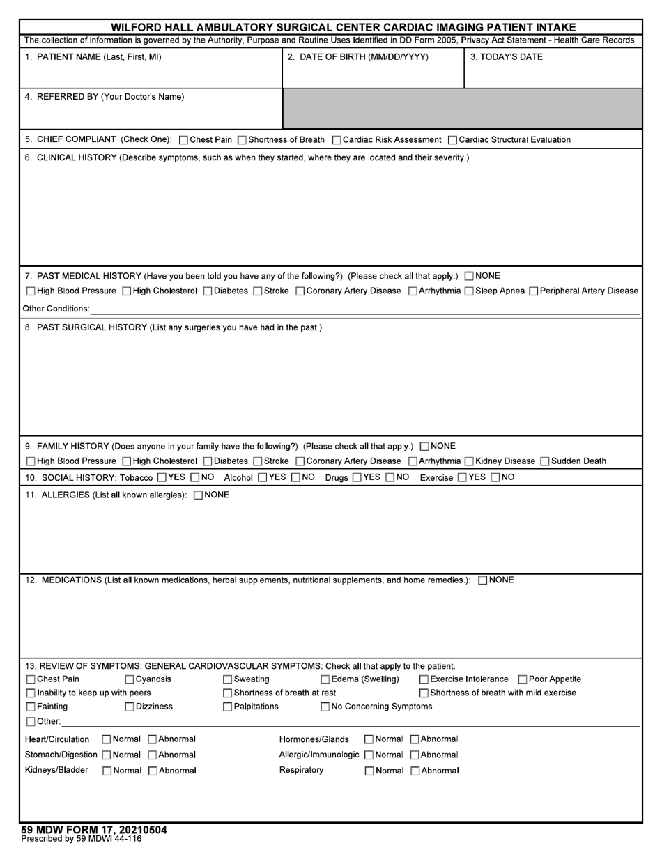 59 MDW Form 17 Wilford Hall Ambulatory Surgical Center Cardiac Imaging Patient Intake, Page 1