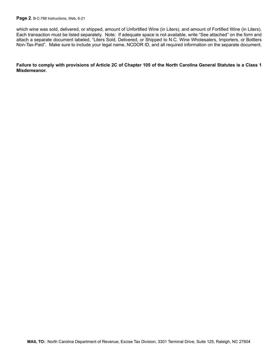 Instructions for Form B-C-788 Nonresident Wine Vendor Monthly Report for Transactions to N.c. Wine Wholesalers, Importers, or Bottlers - North Carolina, Page 2