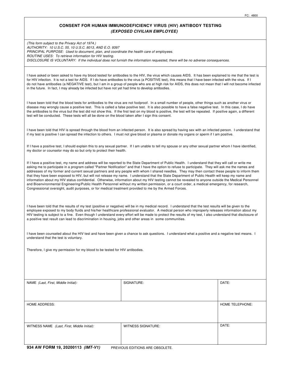 934 AW Form 19 Consent for Human Immunodeficiency Virus (HIV) Antibody Testing (Exposed Civilian Employee), Page 1