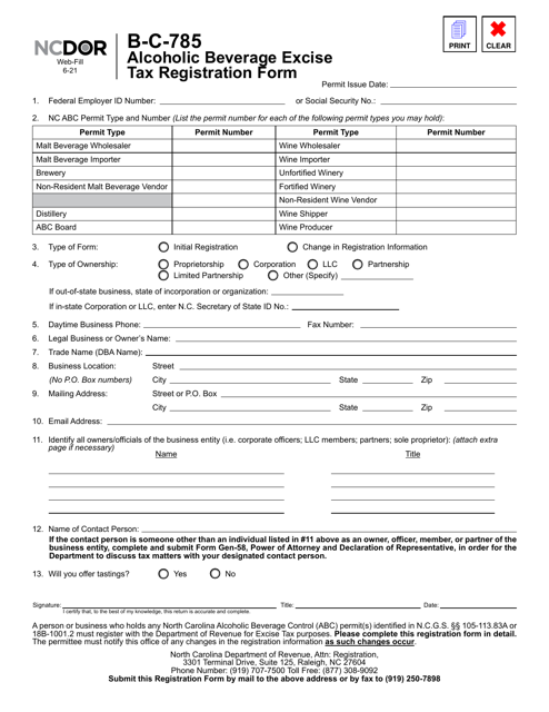 Form B-C-785 Alcoholic Beverage Excise Tax Registration Form - North Carolina