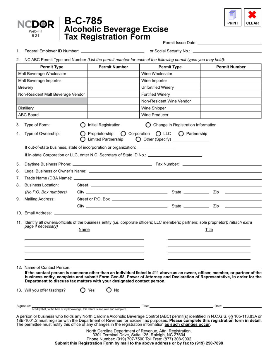 Form BC785 Download Fillable PDF or Fill Online Alcoholic Beverage Excise Tax Registration