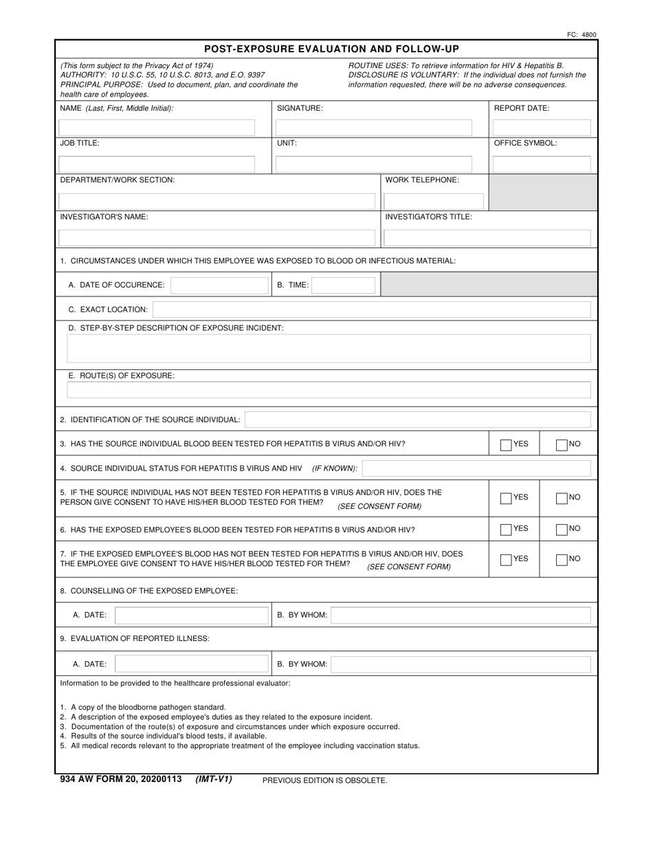 934 AW Form 20 Post-exposure Evaluation and Follow-Up, Page 1