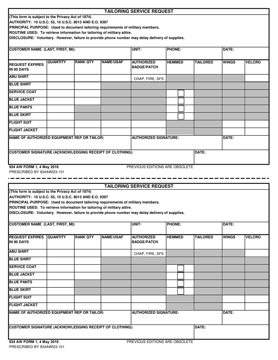 934 AW Form 1 Tailoring Service Request, Page 1