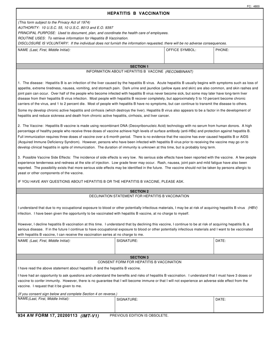 934 AW Form 17 Hepatitis B Vaccination, Page 1