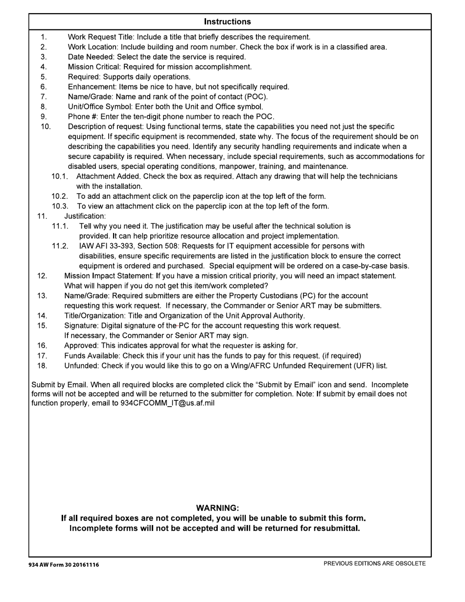 934 AW Form 30 Comm / It Work Request, Page 2