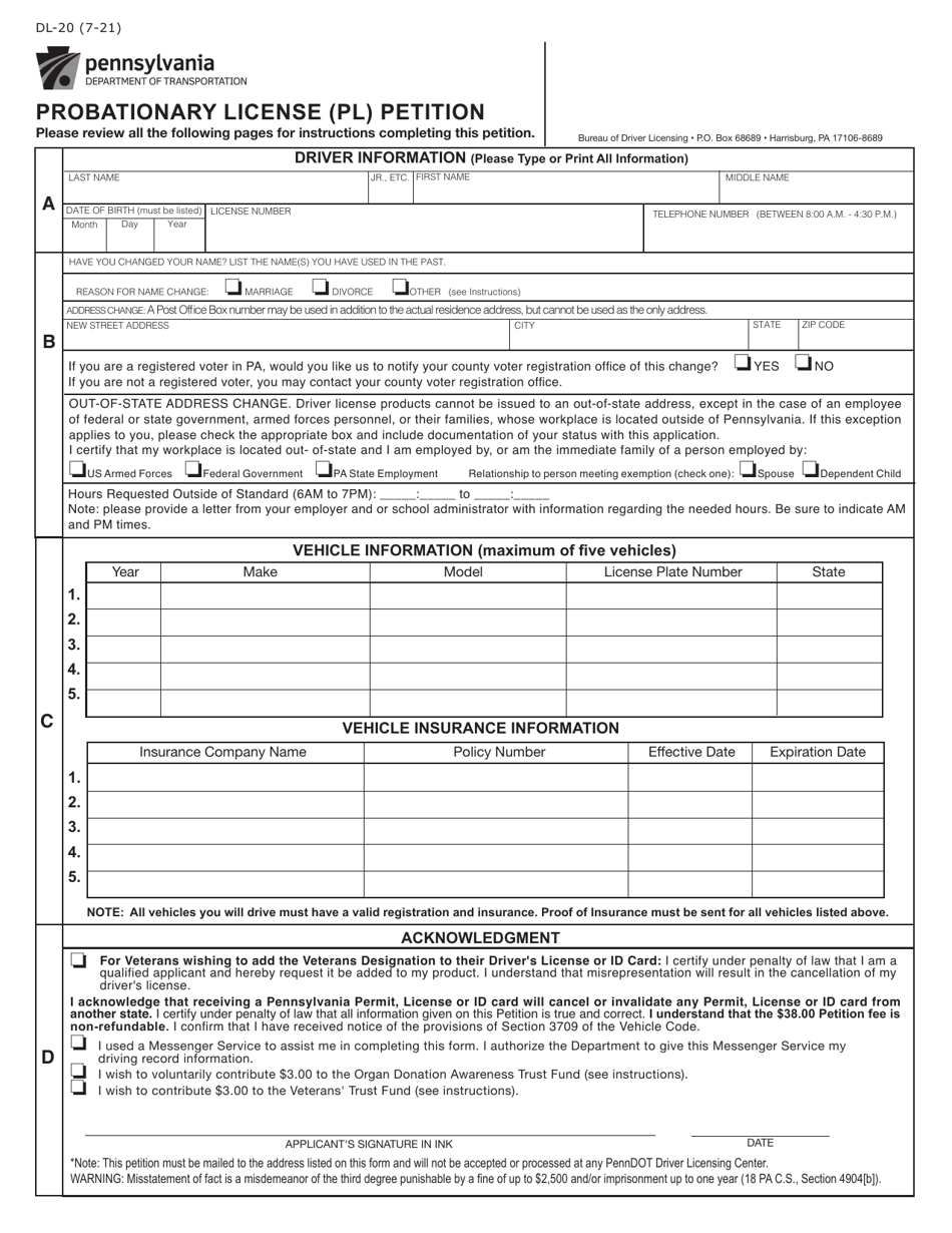 Form DL20 Download Fillable PDF or Fill Online Probationary License (Pl) Petition Pennsylvania
