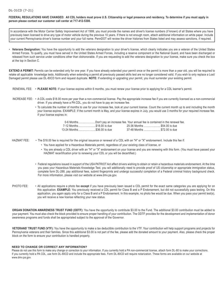 Form DL-31CD Commercial Learners Permit - Application to Apply for an Initial / Extend / Upgrade - Pennsylvania, Page 2