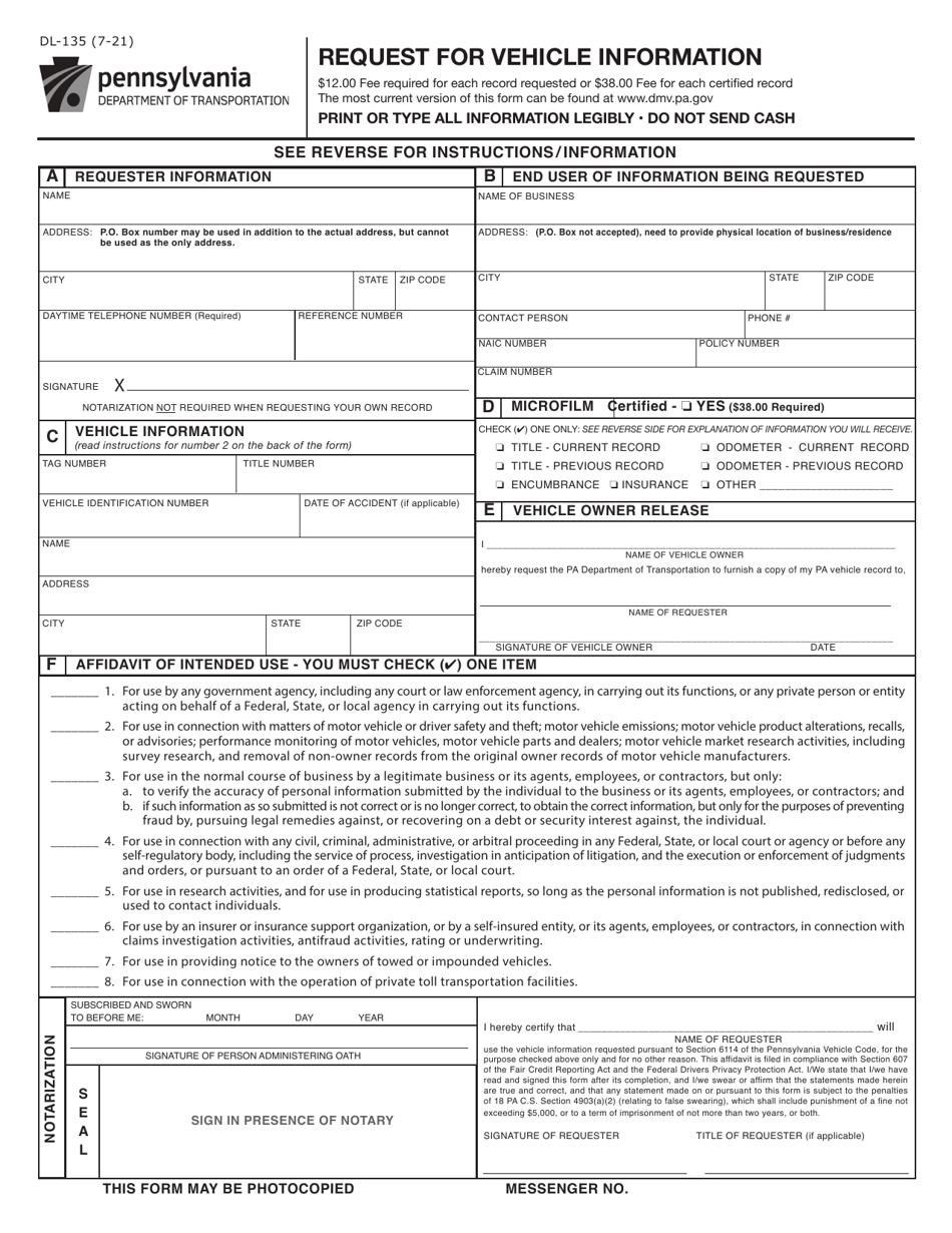 Form DL-135 Request for Vehicle Information - Pennsylvania, Page 1
