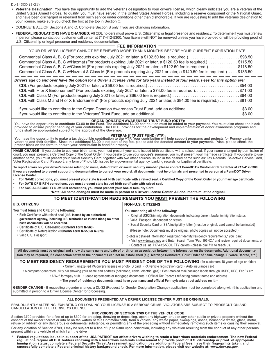 Form DL-143CD Application for Renewal of Commercial Drivers License - Pennsylvania, Page 2