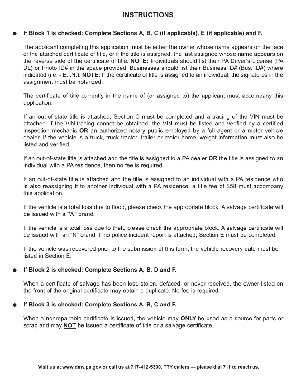 Form MV-6 Application for Nonrepairable or Salvage Certificate - Pennsylvania, Page 2