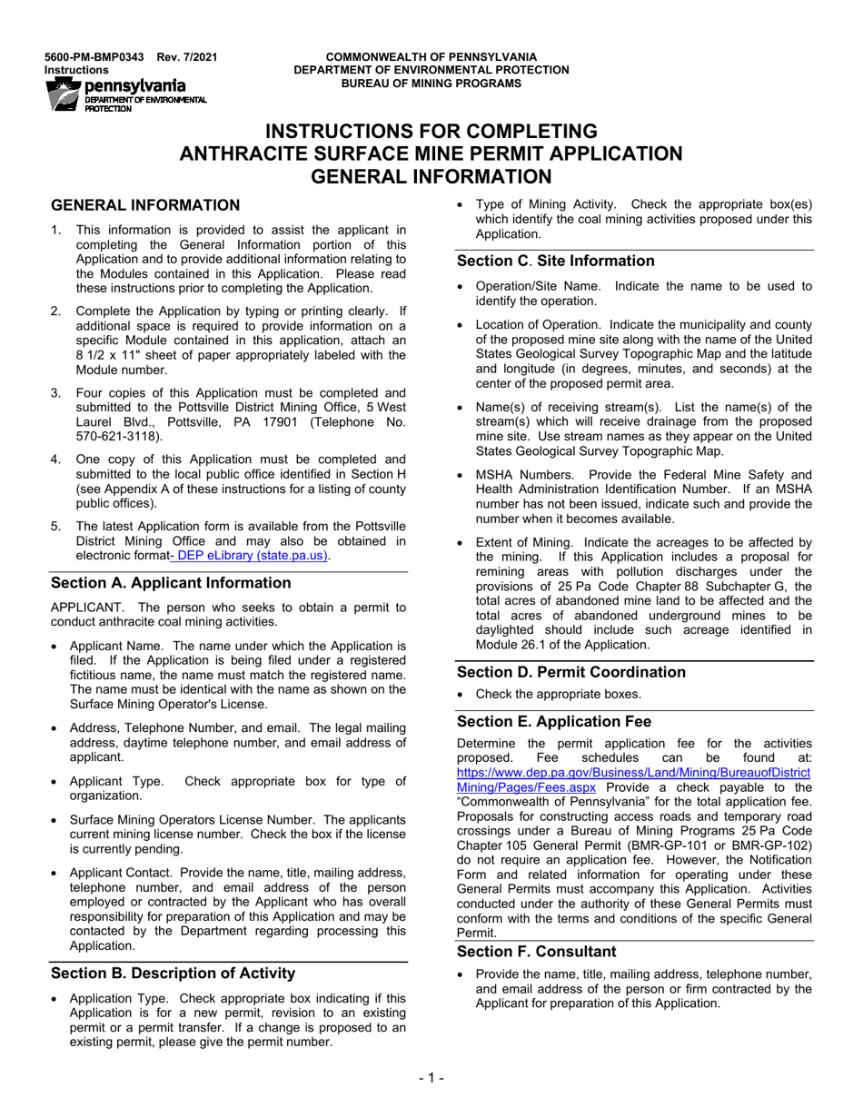 Instructions for Form 5600-PM-BMP0343 Anthracite Surface Mine Permit Application - Pennsylvania, Page 1