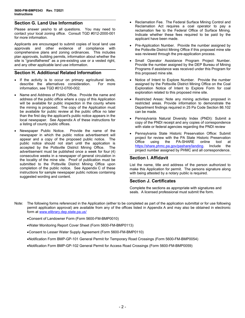 Instructions for Form 5600-PM-BMP0343 Anthracite Surface Mine Permit Application - Pennsylvania, Page 2