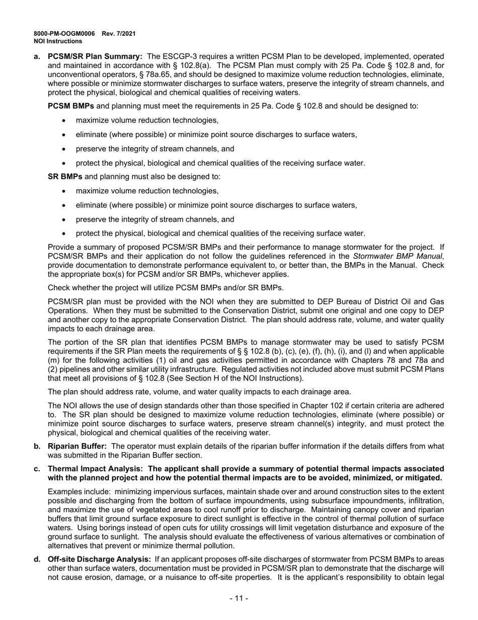 Instructions for Form 8000-PM-OOGM0006 Notice of Intent (Noi) for Coverage Under the Erosion and Sediment Control General Permit (Escgp-3) for Earth Disturbance Associated With Oil and Gas Exploration, Production, Processing, or Treatment Operations or Transmission Facilities - Pennsylvania, Page 11