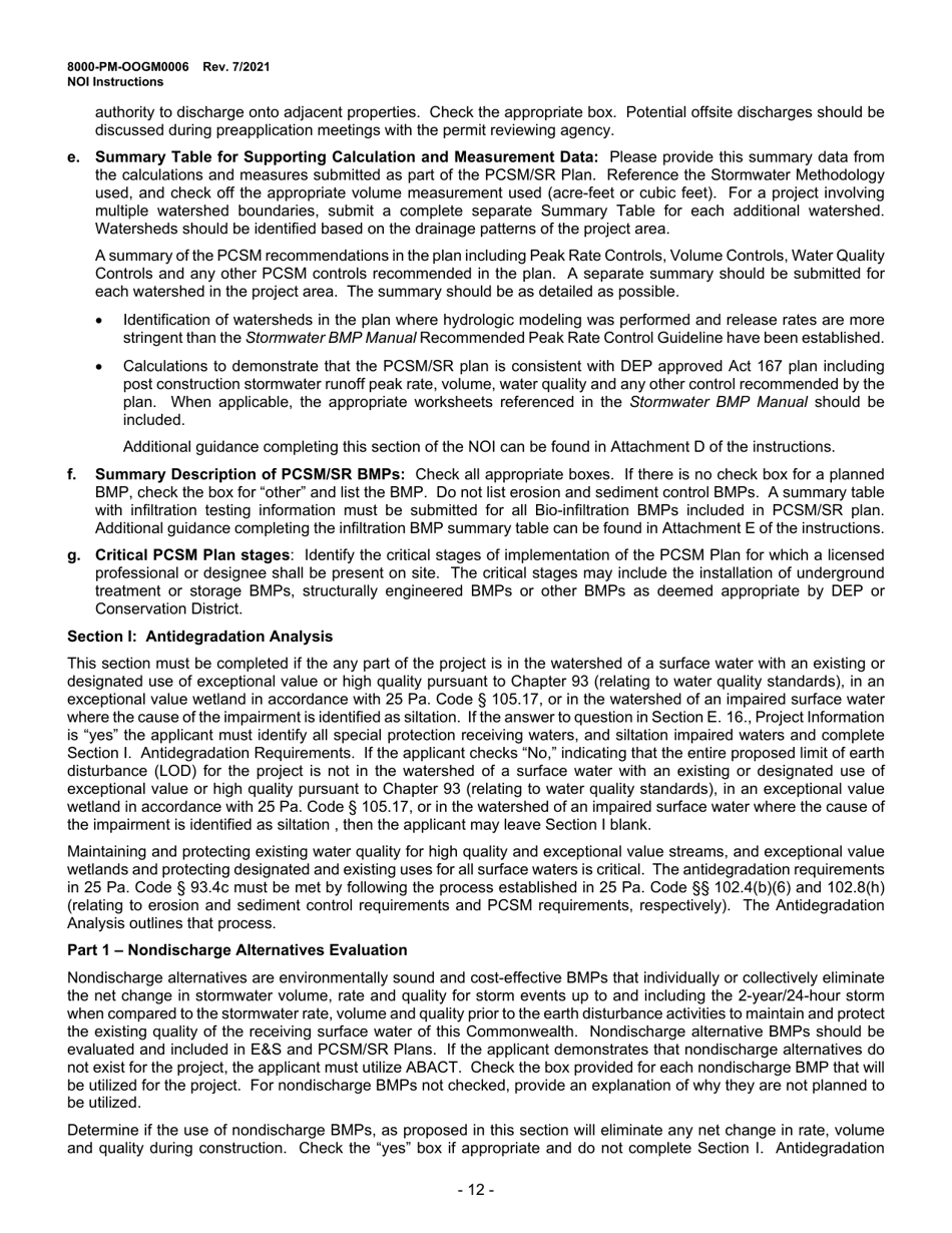 Instructions for Form 8000-PM-OOGM0006 Notice of Intent (Noi) for Coverage Under the Erosion and Sediment Control General Permit (Escgp-3) for Earth Disturbance Associated With Oil and Gas Exploration, Production, Processing, or Treatment Operations or Transmission Facilities - Pennsylvania, Page 12