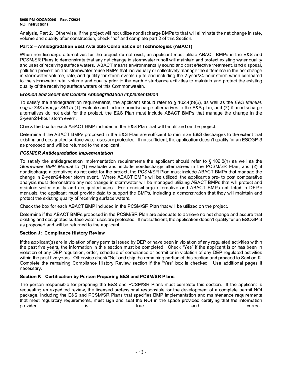 Instructions for Form 8000-PM-OOGM0006 Notice of Intent (Noi) for Coverage Under the Erosion and Sediment Control General Permit (Escgp-3) for Earth Disturbance Associated With Oil and Gas Exploration, Production, Processing, or Treatment Operations or Transmission Facilities - Pennsylvania, Page 13