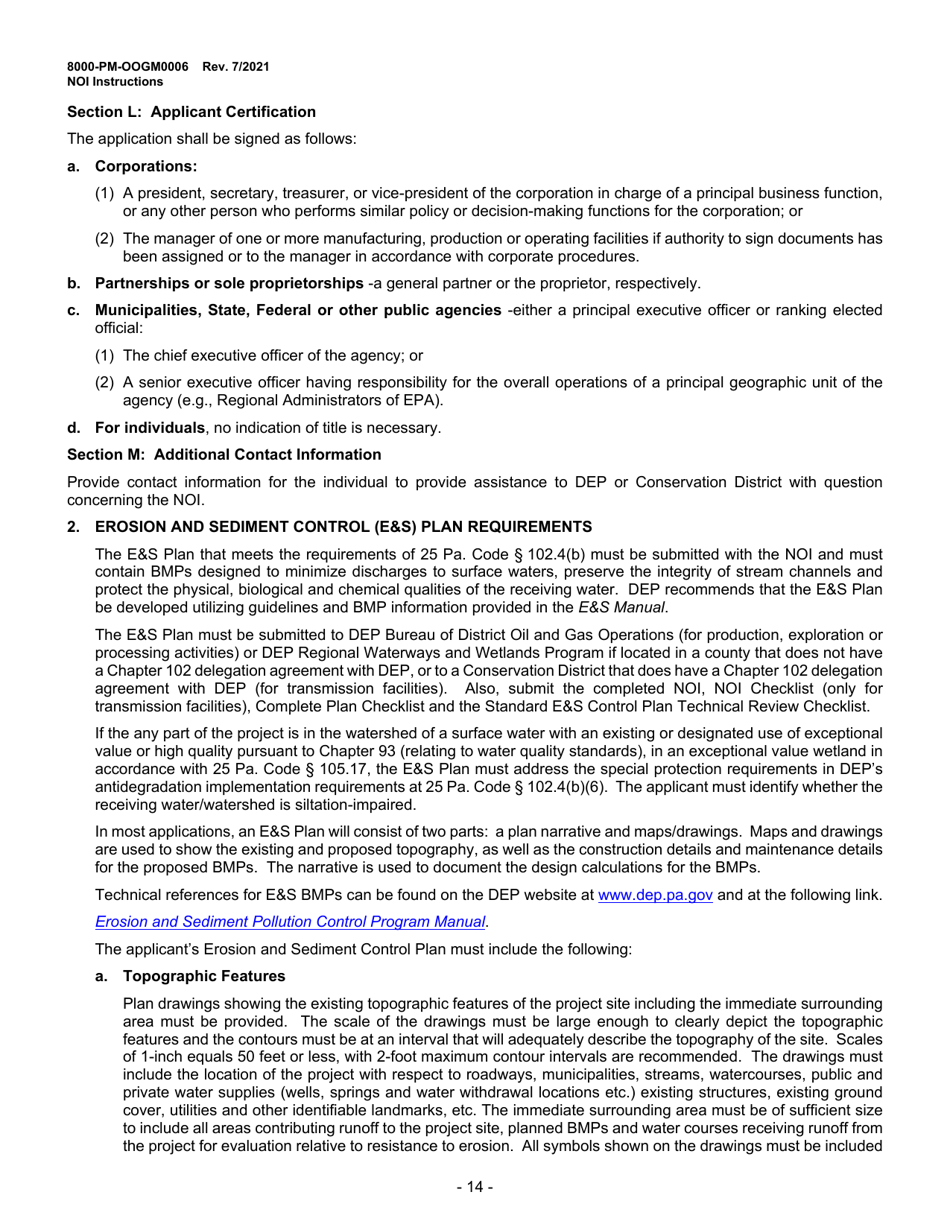 Instructions for Form 8000-PM-OOGM0006 Notice of Intent (Noi) for Coverage Under the Erosion and Sediment Control General Permit (Escgp-3) for Earth Disturbance Associated With Oil and Gas Exploration, Production, Processing, or Treatment Operations or Transmission Facilities - Pennsylvania, Page 14