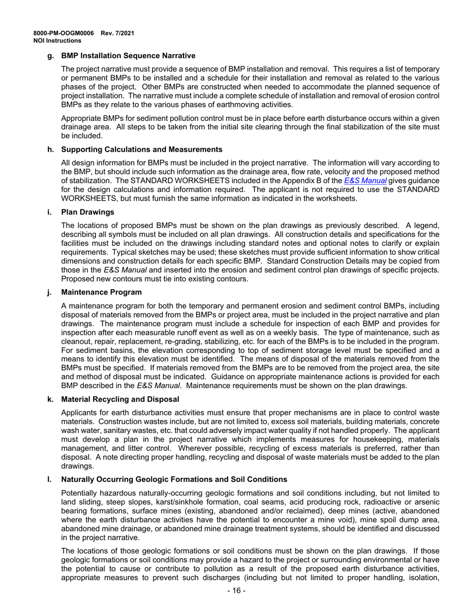 Instructions for Form 8000-PM-OOGM0006 Notice of Intent (Noi) for Coverage Under the Erosion and Sediment Control General Permit (Escgp-3) for Earth Disturbance Associated With Oil and Gas Exploration, Production, Processing, or Treatment Operations or Transmission Facilities - Pennsylvania, Page 16