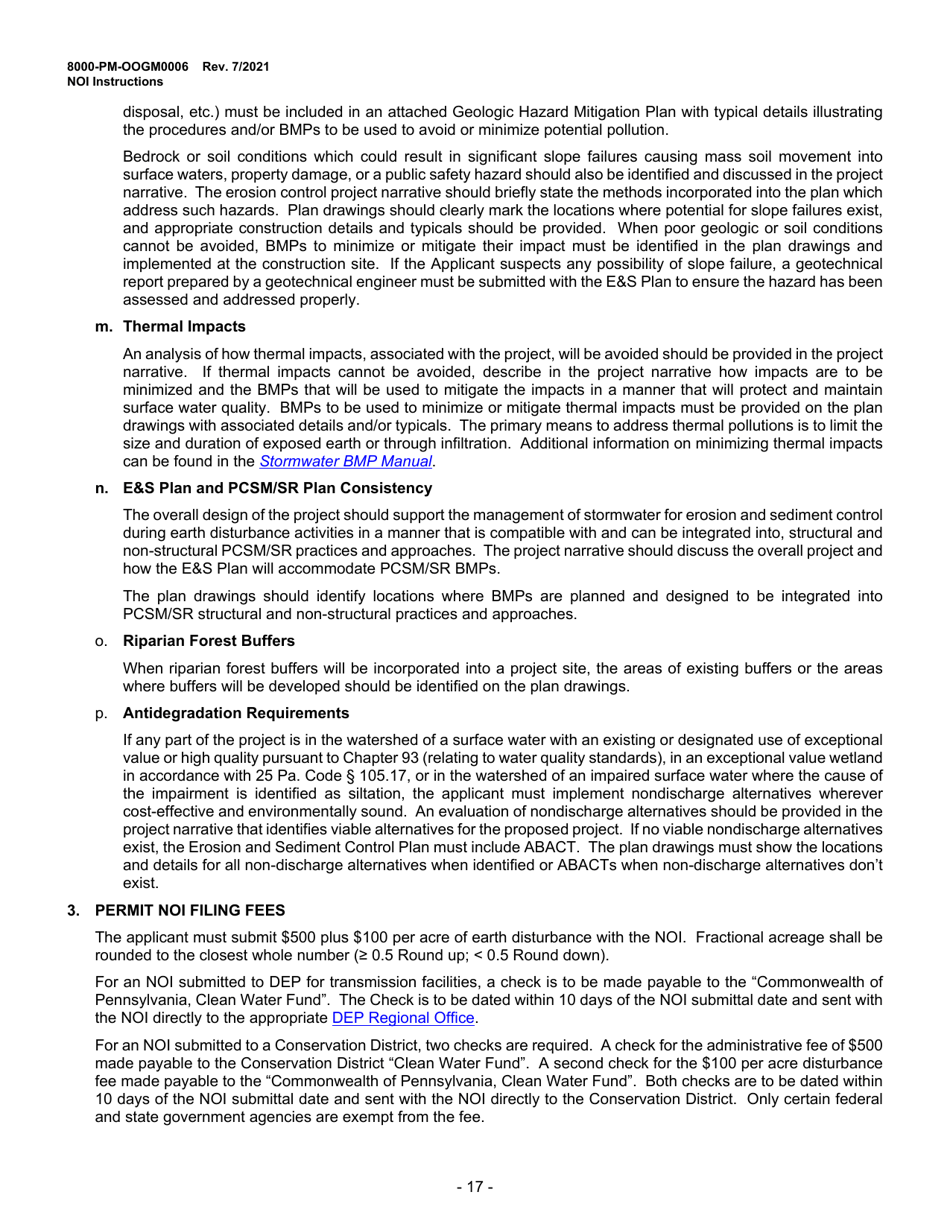 Instructions for Form 8000-PM-OOGM0006 Notice of Intent (Noi) for Coverage Under the Erosion and Sediment Control General Permit (Escgp-3) for Earth Disturbance Associated With Oil and Gas Exploration, Production, Processing, or Treatment Operations or Transmission Facilities - Pennsylvania, Page 17